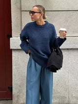 Damen Pullover mit Rundhalsausschnitt und elastischen Bündchen – Marineblau