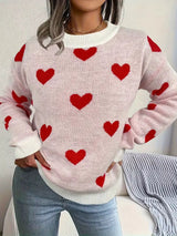 Damen Pullover mit Rundhalsausschnitt und Herzmuster – Weiß