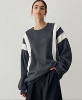 Damen Pullover mit Rundhalsausschnitt und Streifendetail an den Ärmeln – Grau