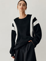 Damen Pullover mit Rundhalsausschnitt und Streifendetail an den Ärmeln – Schwarz