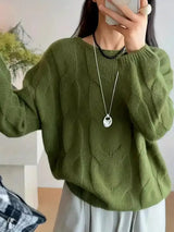 Damen Pullover mit Rundhalsausschnitt vertikalem Zopfmuster langen Ärmeln und gerippten Bündchen – Grün