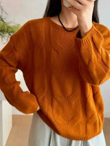 Damen Pullover mit Rundhalsausschnitt vertikalem Zopfmuster langen Ärmeln und gerippten Bündchen – Orange