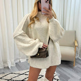Damen Pullover mit Stehkragen Ballonärmeln und strukturierten Bündchen – Beige