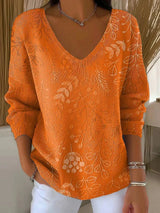 Damenpullover mit V-Ausschnitt und floraler Musterung – Orange