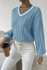Damen Pullover mit V-Ausschnitt, Zopfmuster und Streifendetail – Blau