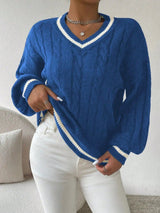 Damen Pullover mit V-Ausschnitt, Zopfmuster und Streifendetail – Dunkelblau