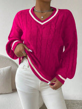 Damen Pullover mit V-Ausschnitt, Zopfmuster und Streifendetail – Knallrosa