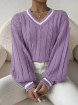 Damen Pullover mit V-Ausschnitt, Zopfmuster und Streifendetail – Lila
