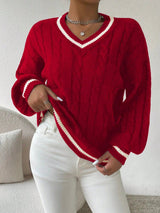 Damen Pullover mit V-Ausschnitt, Zopfmuster und Streifendetail – Rot