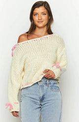 Damen Pullover mit weitem Bootsausschnitt und rosa Schleifendetails – Cremefarben
