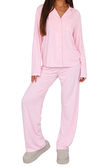 Damen-Pyjama-Set mit Knopfleiste und Reverskragen – Rosa