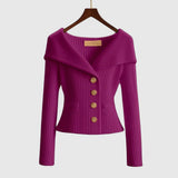 Damen-Rippstrick-Cardigan mit Off-Shoulder-Kragen und Zierknöpfen – Lila