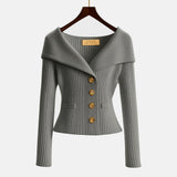 Damen-Rippstrick-Cardigan mit Off-Shoulder-Kragen und Zierknöpfen – Grau