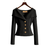 Damen-Rippstrick-Cardigan mit Off-Shoulder-Kragen und Zierknöpfen – Schwarz