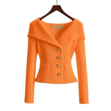 Damen-Rippstrick-Cardigan mit Off-Shoulder-Kragen und Zierknöpfen – Orange