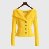 Damen-Rippstrick-Cardigan mit Off-Shoulder-Kragen und Zierknöpfen – Gelb