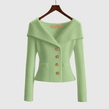 Damen-Rippstrick-Cardigan mit Off-Shoulder-Kragen und Zierknöpfen – Grün