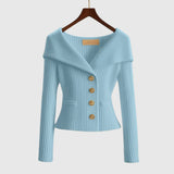 Damen-Rippstrick-Cardigan mit Off-Shoulder-Kragen und Zierknöpfen – Blau