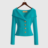 Damen-Rippstrick-Cardigan mit Off-Shoulder-Kragen und Zierknöpfen – Himmelblau