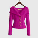 Damen-Rippstrick-Cardigan mit Off-Shoulder-Kragen und Zierknöpfen – Rosa