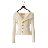 Damen-Rippstrick-Cardigan mit Off-Shoulder-Kragen und Zierknöpfen – Weiß