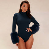 Damen Rollkragen-Bodysuit mit Langen Ärmeln Kunstfell-Manschetten und Hohem Beinausschnitt – Marine