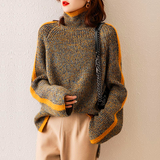 Damen Rollkragenpullover mit Kontraststreifen Melange-Strick und weiten Bündchen – Braun mit Orange
