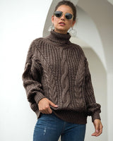 Damen Rollkragenpullover mit Zopfmuster langen Ärmeln und strukturierter Oberfläche – Braun