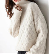 Damen Rollkragenpullover mit Zopfmuster und langen Ärmeln – Beige