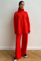 Damen Rollkragenpullover und Weite Hose Set mit Langen Ärmeln – Rot