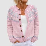 Damen Rosa Strickjacke mit Knopfleiste und Muster – Rosa