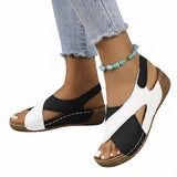 Damen-Sandalen mit Keilabsatz, offener Zehenpartie und Klettverschluss – Schwarz