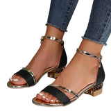 Damen-Sandalen mit strukturiertem Blockabsatz und Knöchelriemen – Schwarz