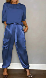 Damen Zweiteiler mit Oberteil und Cargohose – Blau