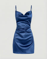 Damen Satin-Minikleid mit Wasserfallausschnitt – Blau