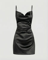 Damen Satin-Minikleid mit Wasserfallausschnitt – Schwarz