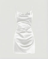 Damen Satin-Minikleid mit Wasserfallausschnitt – Weiß