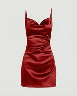 Damen Satin-Minikleid mit Wasserfallausschnitt – Rot