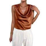 Damen Satin-Top mit Wasserfallausschnitt – Braun