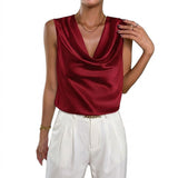 Damen Satin-Top mit Wasserfallausschnitt – Weinrot