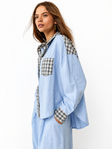 Damen Schlafanzug-Set mit Knopfhemd und elastischer Bundhose – Blau
