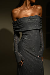 Damen Schulterfreies Glitzer-Maxikleid mit langen Ärmeln – Grau