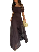 Damen Schulterfreies Maxikleid mit gerafftem Oberteil und langem Rock – Niemiecki
