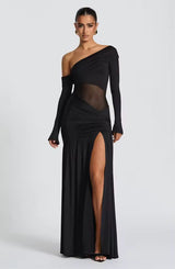 Damen Schulterfreies Maxikleid mit langen Ärmeln und seitlichem Schlitz mit durchsichtigem Einsatz – Schwarz