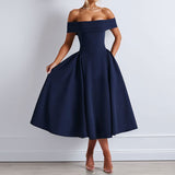 Damen Schulterfreies Midikleid mit gefaltetem Halsausschnitt und ausgestelltem Rock – Marine