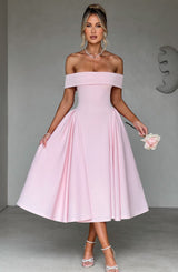 Damen Schulterfreies Midikleid mit gefaltetem Halsausschnitt und ausgestelltem Rock – Rosa