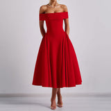 Damen Schulterfreies Midikleid mit gefaltetem Halsausschnitt und ausgestelltem Rock – Rot