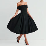 Damen Schulterfreies Midikleid mit gefaltetem Halsausschnitt und ausgestelltem Rock – Schwarz