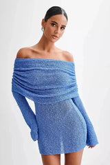 Damen Schulterfreies Minikleid mit Langen Ärmeln Drapierter Brustpartie und Strukturierter Oberfläche – Blau