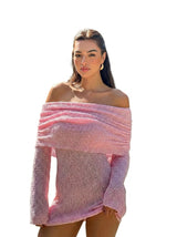 Damen Schulterfreies Minikleid mit langen Ärmeln und drapiertem Ausschnitt – Hellrosa
